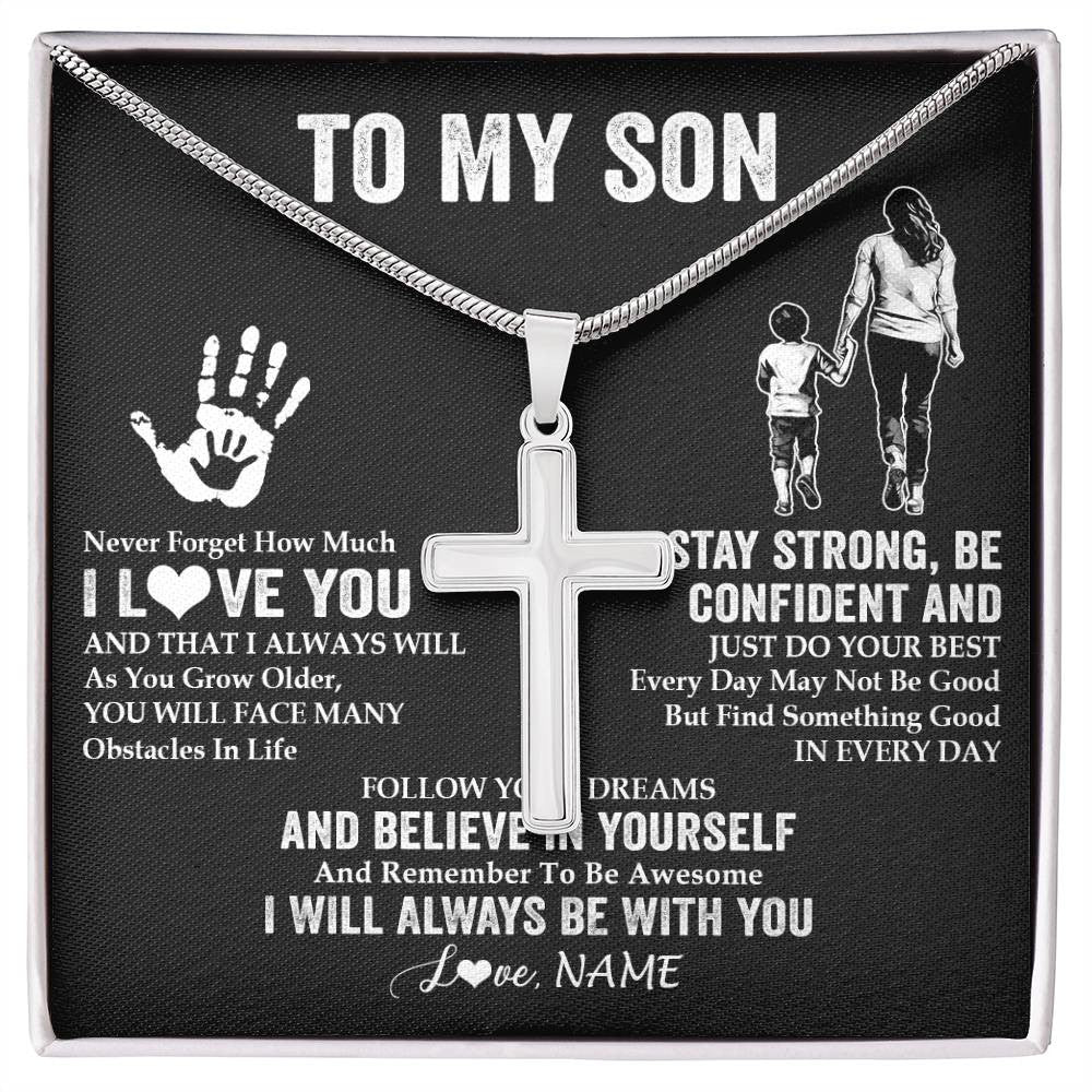 Stainless Cross Necklace Stainless Steel | 1 | Personalized To My Son Necklace I Love You Forever From Mom Mother Son Birthday Gifts Christmas Thanksgiving Graduation Customized Gift Box Message Card | teecentury