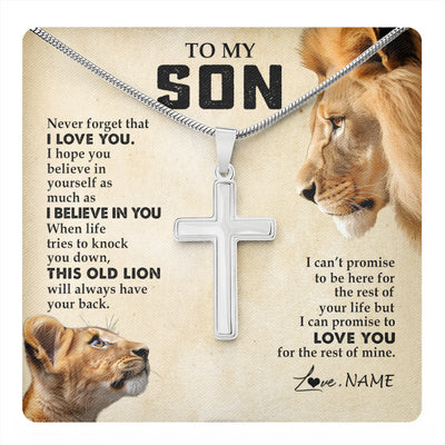 Stainless Cross Necklace Stainless Steel | 1 | Personalized To My Son Necklace from Dad Father Never Forget I Love You Lion Son Birthday Graduation Christmas Jewelry Customized Gift Box Message Card | teecentury