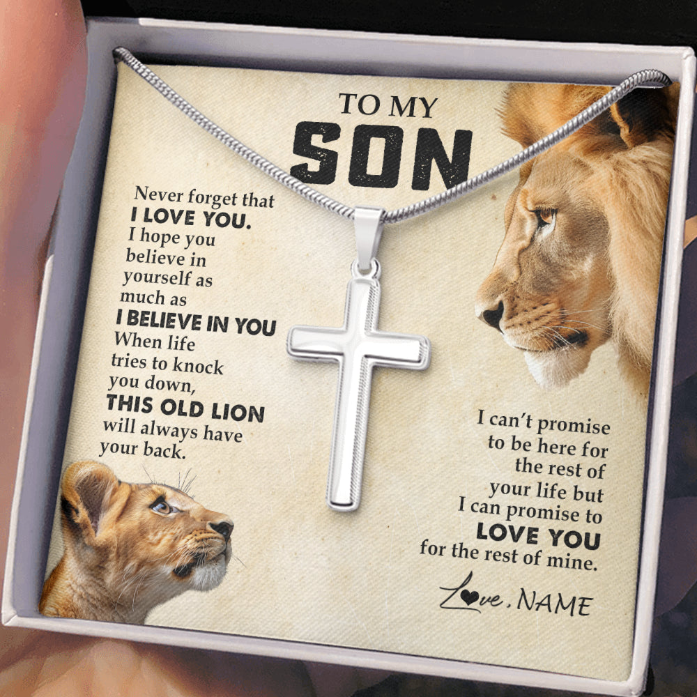 Stainless Cross Necklace Stainless Steel | 2 | Personalized To My Son Necklace from Dad Father Never Forget I Love You Lion Son Birthday Graduation Christmas Jewelry Customized Gift Box Message Card | teecentury