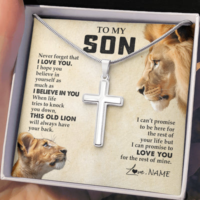 Stainless Cross Necklace Stainless Steel | 2 | Personalized To My Son Necklace from Dad Father Never Forget I Love You Lion Son Birthday Graduation Christmas Jewelry Customized Gift Box Message Card | teecentury