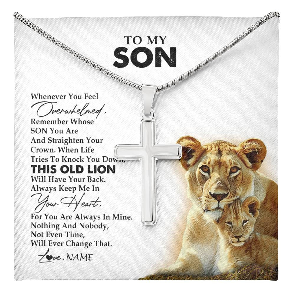 Stainless Cross Necklace Stainless Steel | 1 | Personalized To My Son Necklace from Mom Mother Whenever You Fell Overwhelmed Lion Son Birthday Graduation Christmas Jewelry Customized Gift Box Message Card | teecentury