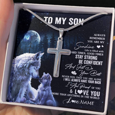 Stainless Cross Necklace Stainless Steel | 2 | Personalized To My Son Wolf Necklace From Mom Dad Mother Father Always Remember Son Birthday Graduation Christmas Customized Gift Box Message Card | teecentury