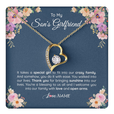 Forever Love Necklace 18K Yellow Gold Finish | 1 | Personalized To My Son's Girlfriend Necklace From Mom It Takes A Special Girlfriend Birthday Wedding Valentines Day Christmas Customized Gift Box Message Card | teecentury