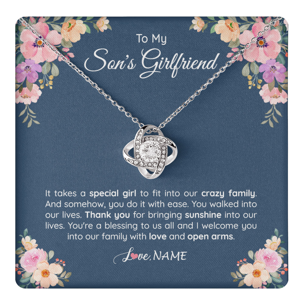 Love Knot Necklace 14K White Gold Finish | 1 | Personalized To My Son's Girlfriend Necklace From Mom It Takes A Special Girlfriend Birthday Wedding Valentines Day Christmas Customized Gift Box Message Card | teecentury