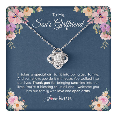 Love Knot Necklace 14K White Gold Finish | 1 | Personalized To My Son's Girlfriend Necklace From Mom It Takes A Special Girlfriend Birthday Wedding Valentines Day Christmas Customized Gift Box Message Card | teecentury