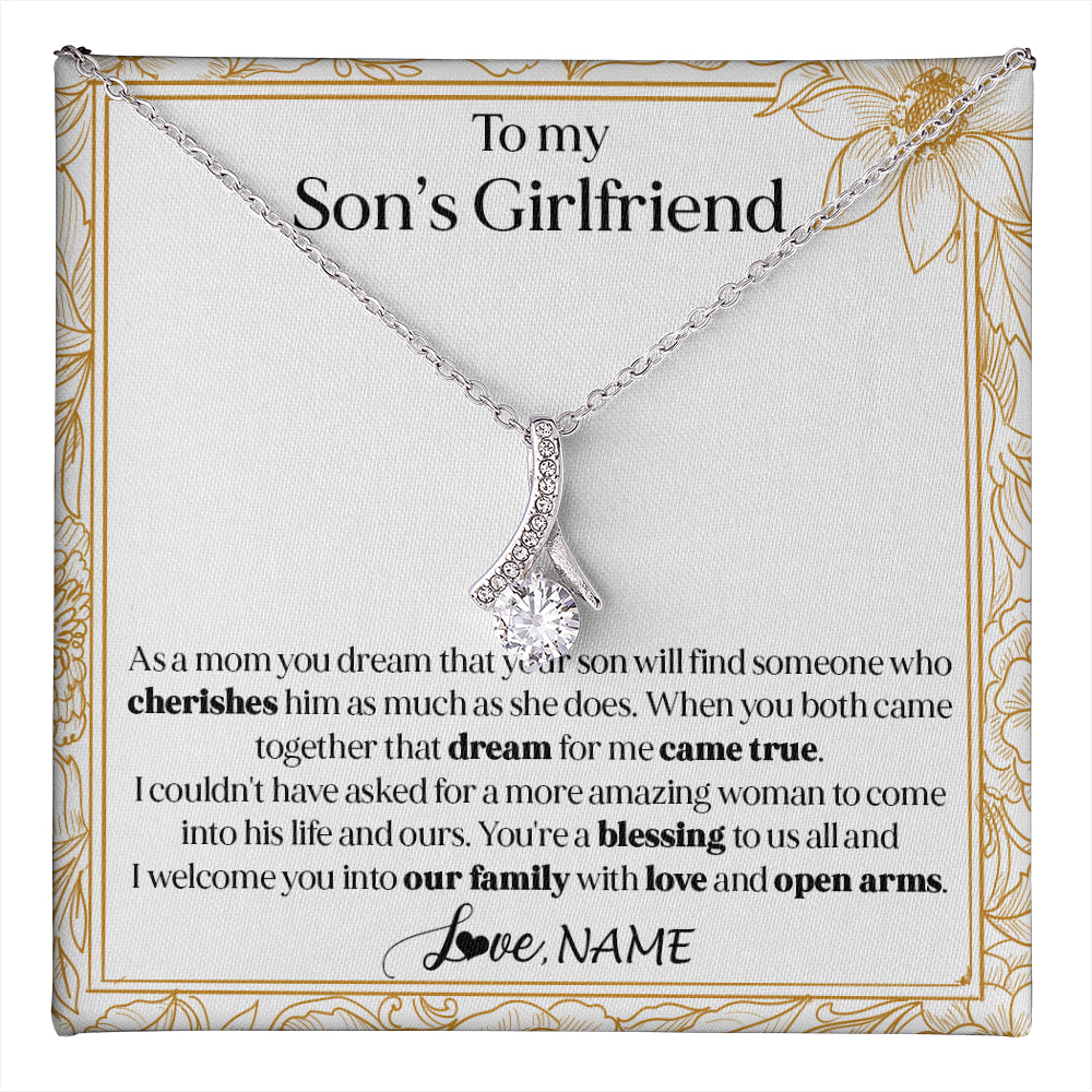 Alluring Beauty Necklace 14K White Gold Finish | 1 | Personalized To My Son's Girlfriend Necklace I Welcome You Future Daughter In Law Birthday Special Gift Christmas Jewelry Customized Gift Box Message Card | teecentury