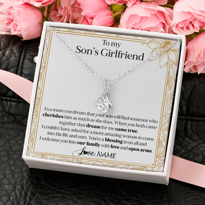 Alluring Beauty Necklace 14K White Gold Finish | 2 | Personalized To My Son's Girlfriend Necklace I Welcome You Future Daughter In Law Birthday Special Gift Christmas Jewelry Customized Gift Box Message Card | teecentury