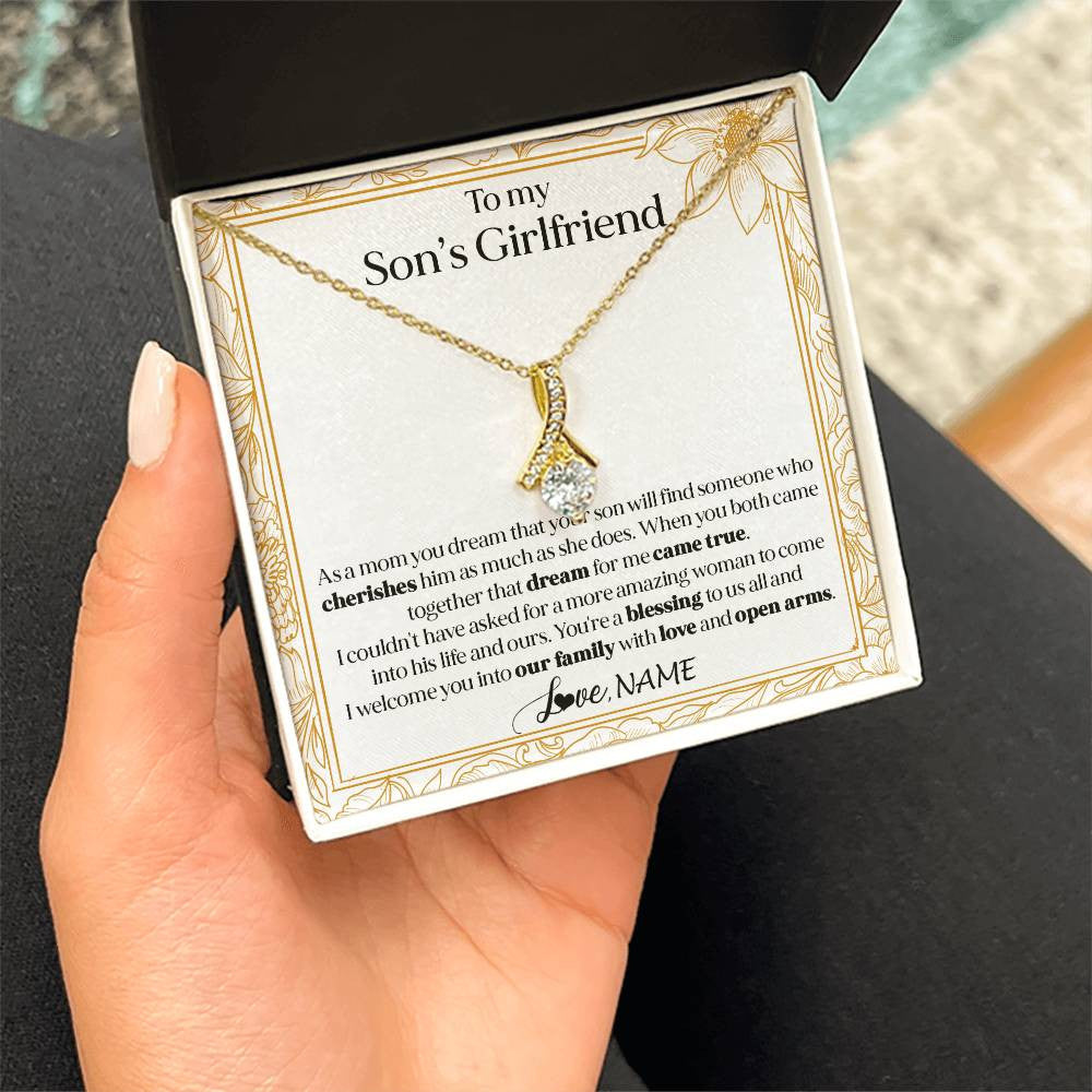 Alluring Beauty Necklace 18K Yellow Gold Finish | 2 | Personalized To My Son's Girlfriend Necklace I Welcome You Future Daughter In Law Birthday Special Gift Christmas Jewelry Customized Gift Box Message Card | teecentury