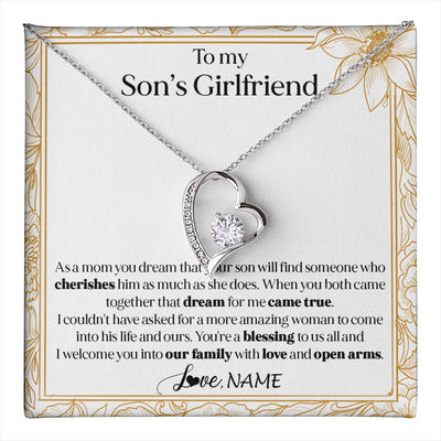 Forever Love Necklace 14K White Gold Finish | 1 | Personalized To My Son's Girlfriend Necklace I Welcome You Future Daughter In Law Birthday Special Gift Christmas Jewelry Customized Gift Box Message Card | teecentury