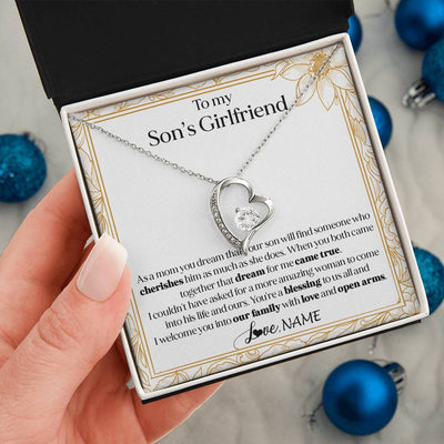 Forever Love Necklace 14K White Gold Finish | 2 | Personalized To My Son's Girlfriend Necklace I Welcome You Future Daughter In Law Birthday Special Gift Christmas Jewelry Customized Gift Box Message Card | teecentury