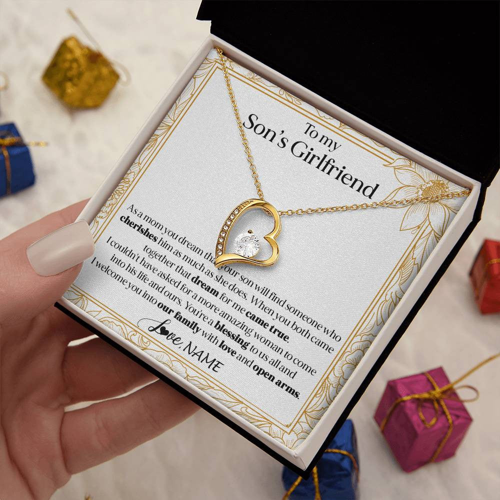 Forever Love Necklace 18K Yellow Gold Finish | 2 | Personalized To My Son's Girlfriend Necklace I Welcome You Future Daughter In Law Birthday Special Gift Christmas Jewelry Customized Gift Box Message Card | teecentury