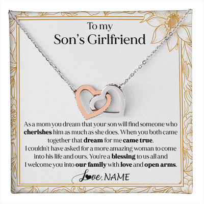 Interlocking Hearts Necklace Stainless Steel & Rose Gold Finish | 1 | Personalized To My Son's Girlfriend Necklace I Welcome You Future Daughter In Law Birthday Special Gift Christmas Jewelry Customized Gift Box Message Card | teecentury