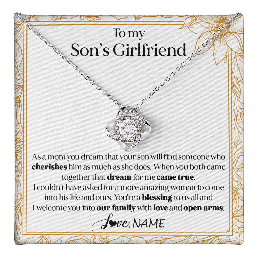 Love Knot Necklace 14K White Gold Finish | 1 | Personalized To My Son's Girlfriend Necklace I Welcome You Future Daughter In Law Birthday Special Gift Christmas Jewelry Customized Gift Box Message Card | teecentury