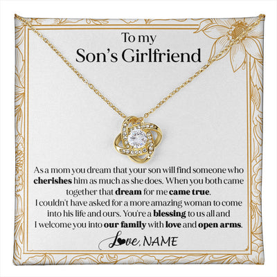 Love Knot Necklace 18K Yellow Gold Finish | 1 | Personalized To My Son's Girlfriend Necklace I Welcome You Future Daughter In Law Birthday Special Gift Christmas Jewelry Customized Gift Box Message Card | teecentury