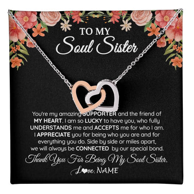 Interlocking Hearts Necklace Stainless Steel & Rose Gold Finish | 1 | Personalized To My Soul Sister Gift Necklace Best Friend Unique Friendship Long Distance Unbiological Sister Birthday Jewelry Christmas Customized Message Card | teecentury