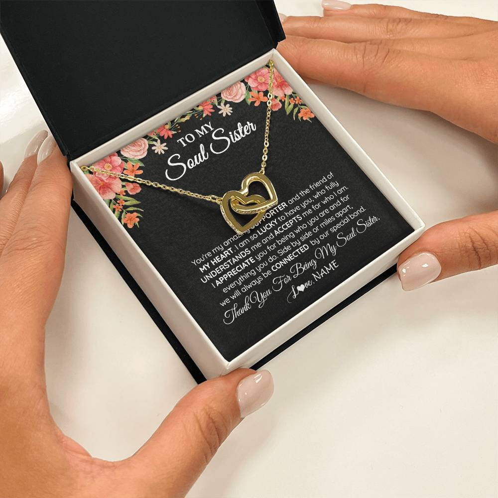 Interlocking Hearts Necklace 18K Yellow Gold Finish | 2 | Personalized To My Soul Sister Gift Necklace Best Friend Unique Friendship Long Distance Unbiological Sister Birthday Jewelry Christmas Customized Message Card | teecentury