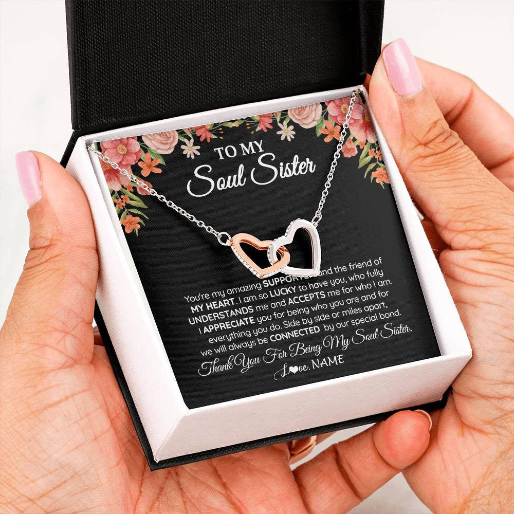 Interlocking Hearts Necklace Stainless Steel & Rose Gold Finish | 2 | Personalized To My Soul Sister Gift Necklace Best Friend Unique Friendship Long Distance Unbiological Sister Birthday Jewelry Christmas Customized Message Card | teecentury