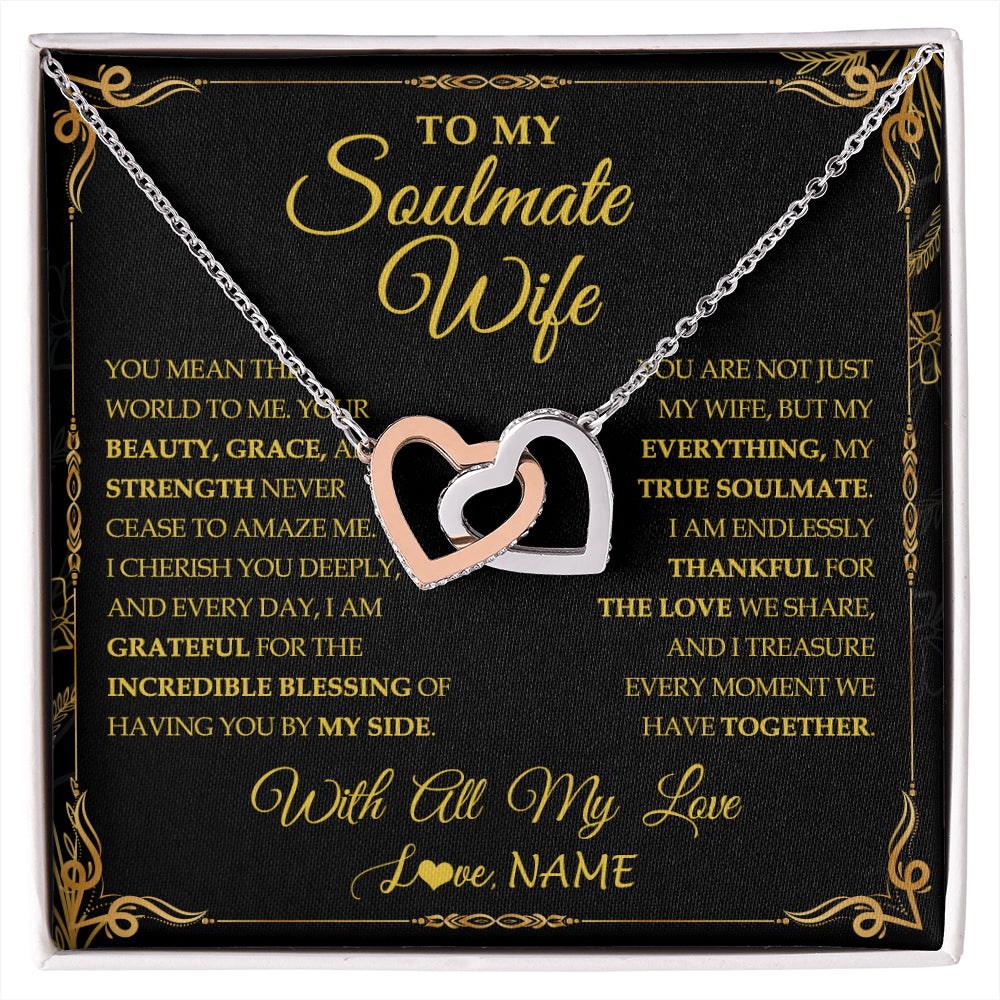 Interlocking Hearts Necklace Stainless Steel & Rose Gold Finish | 1 | Personalized To My Soulmate Wife Necklace My Heart Wife Jewelry Romantic Birthday Gifst Anniversary Wedding Day Christmas Customized Gift Box Message Card | teecentury