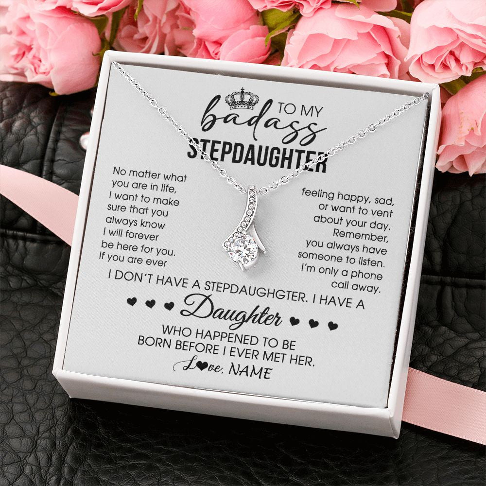 Alluring Beauty Necklace | Personalized To My Stepdaughter Necklace From Stepfather Stepdad Be Here For You Bonus Daughter Birthday Graduation Christmas Customized Gift Box Message Card | teecentury
