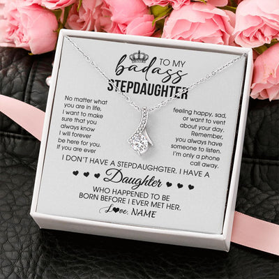 Alluring Beauty Necklace | Personalized To My Stepdaughter Necklace From Stepfather Stepdad Be Here For You Bonus Daughter Birthday Graduation Christmas Customized Gift Box Message Card | teecentury