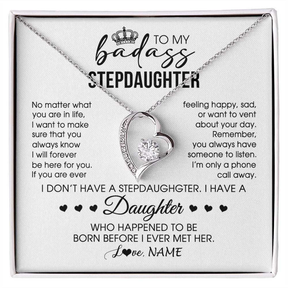 Forever Love Necklace | Personalized To My Stepdaughter Necklace From Stepfather Stepdad Be Here For You Bonus Daughter Birthday Graduation Christmas Customized Gift Box Message Card | teecentury