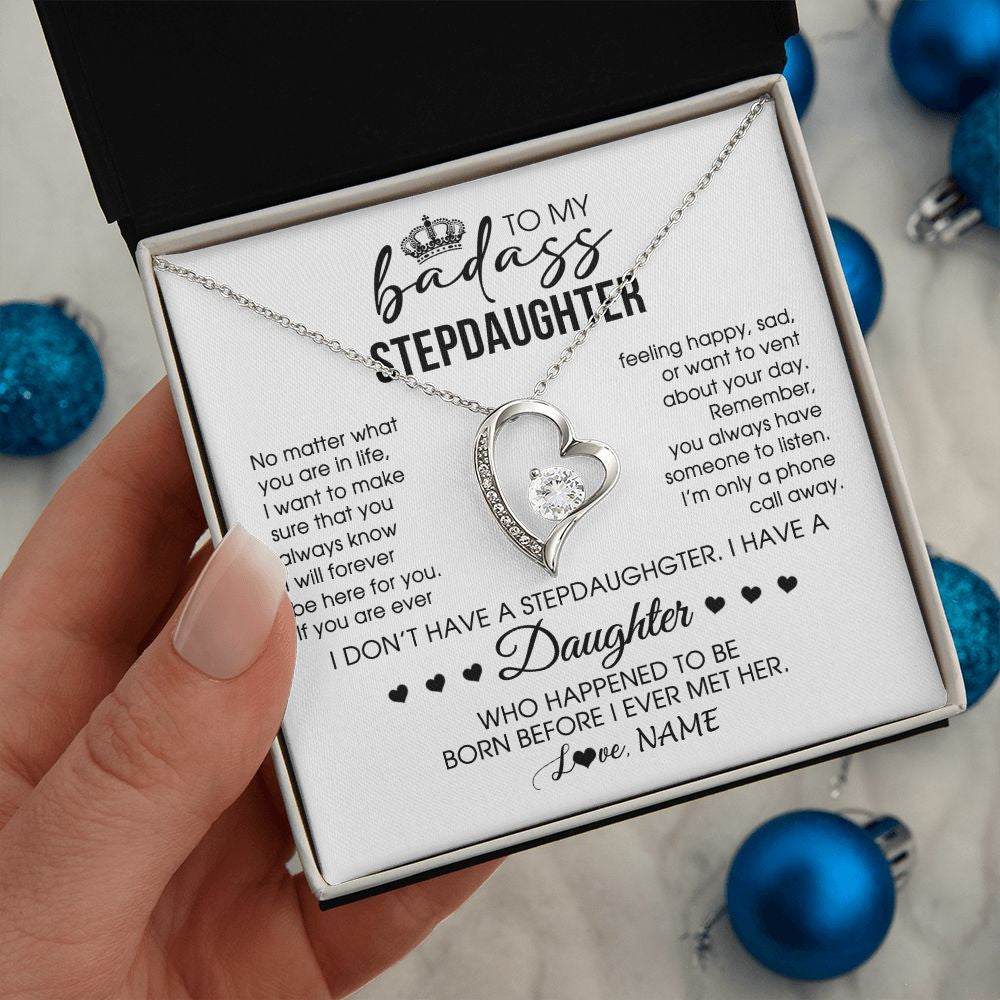 Forever Love Necklace | Personalized To My Stepdaughter Necklace From Stepfather Stepdad Be Here For You Bonus Daughter Birthday Graduation Christmas Customized Gift Box Message Card | teecentury