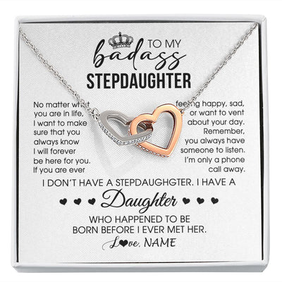 Interlocking Hearts Necklace | Personalized To My Stepdaughter Necklace From Stepfather Stepdad Be Here For You Bonus Daughter Birthday Graduation Christmas Customized Gift Box Message Card | teecentury
