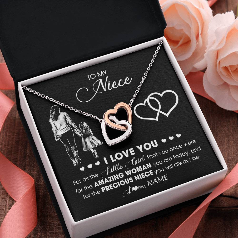 Interlocking Hearts Necklace Stainless Steel & Rose Gold Finish | 2 | Personalized To My Stepdaughter Necklace From Stepmother I Love You Little Girl Stepdaughter Birthday Christmas Jewelry Customized Gift Box Message Card | teecentury