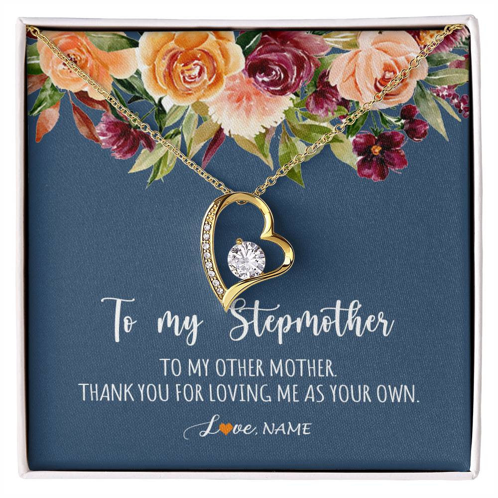 Forever Love Necklace 18K Yellow Gold Finish | Personalized To My Stepmother Necklace Thank You For Loveing Me As Your Own Bonus Mom Stepmom Birthday Mothers Day Christmas Customized Gift Box Message Card | teecentury