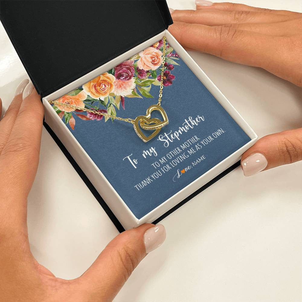 Interlocking Hearts Necklace 18K Yellow Gold Finish | Personalized To My Stepmother Necklace Thank You For Loveing Me As Your Own Bonus Mom Stepmom Birthday Mothers Day Christmas Customized Gift Box Message Card | teecentury