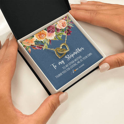 Interlocking Hearts Necklace 18K Yellow Gold Finish | Personalized To My Stepmother Necklace Thank You For Loveing Me As Your Own Bonus Mom Stepmom Birthday Mothers Day Christmas Customized Gift Box Message Card | teecentury