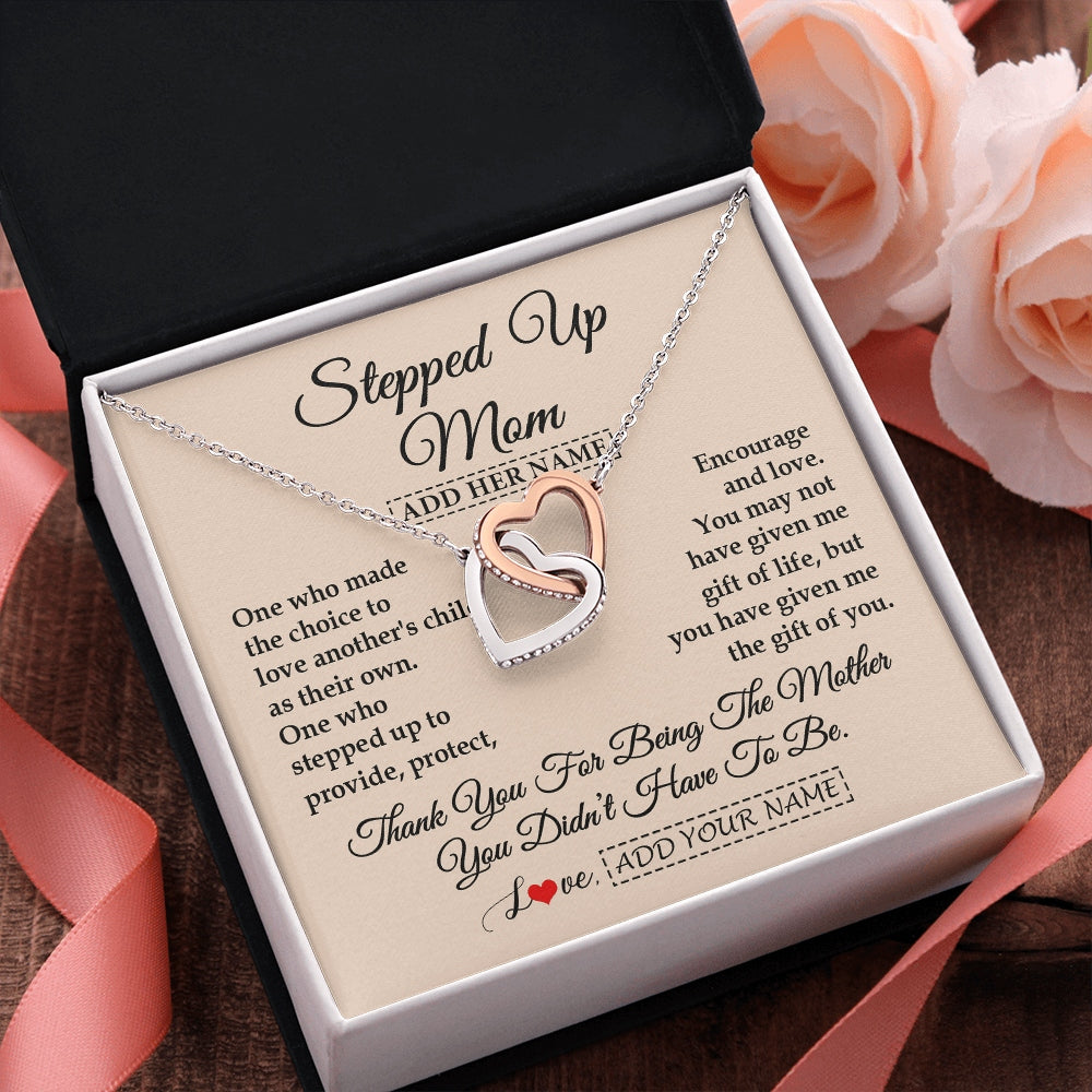 Interlocking Hearts Necklace Stainless Steel & Rose Gold Finish | 2 | Personalized To My Stepped Up Mom Necklace From Stepdaughter Stepson Thank You For Being The Mother Bonus Mom Gifts Birthday Mothers Day Gift Box Message Card | https://teecentury.