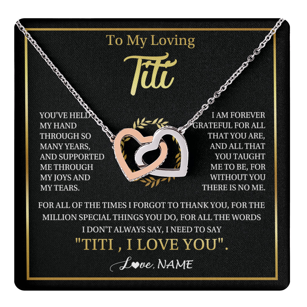 Interlocking Hearts Necklace Stainless Steel & Rose Gold Finish | 1 | Personalized To My Titi Gifts Necklace From Niece Nephew Grateful Thank You Titi Birthday Gifts Mothers Day Jewelry Christmas Customized Gift Box Message | teecentury