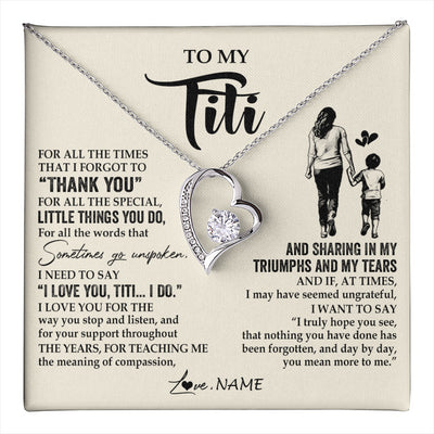 Forever Love Necklace 14K White Gold Finish | 1 | Personalized To My Titi Necklace From Nephew For All The Times That I Forgot To Thank You Titi Birthday Mothers Day Christmas Customized Gift Box Message Card | teecentury