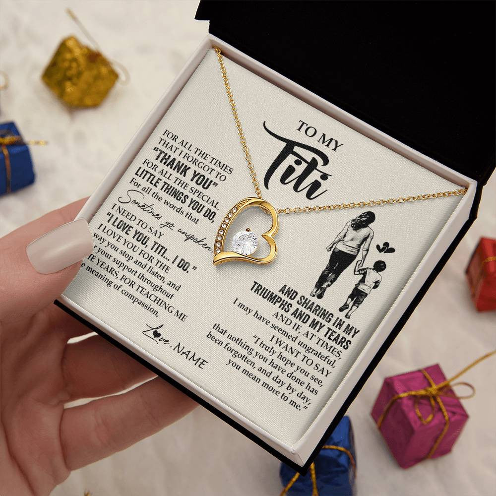Forever Love Necklace 18K Yellow Gold Finish | 2 | Personalized To My Titi Necklace From Nephew For All The Times That I Forgot To Thank You Titi Birthday Mothers Day Christmas Customized Gift Box Message Card | teecentury