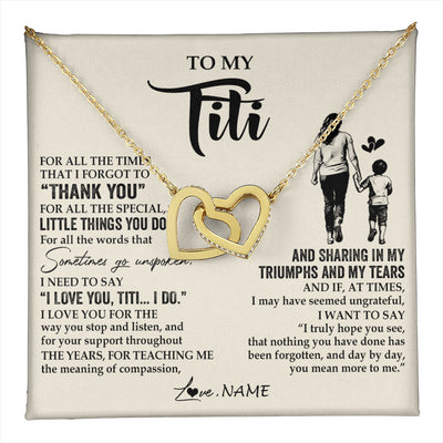 Interlocking Hearts Necklace 18K Yellow Gold Finish | 1 | Personalized To My Titi Necklace From Nephew For All The Times That I Forgot To Thank You Titi Birthday Mothers Day Christmas Customized Gift Box Message Card | teecentury
