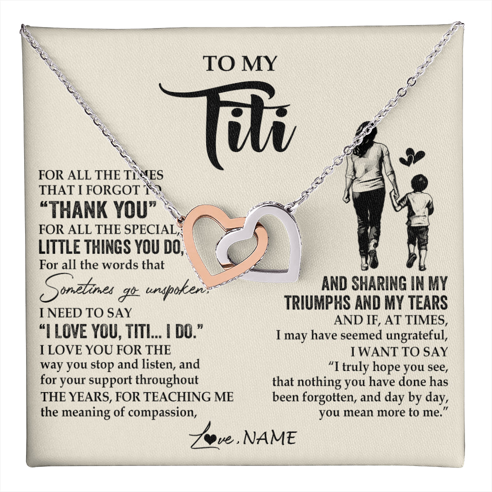 Interlocking Hearts Necklace Stainless Steel & Rose Gold Finish | 1 | Personalized To My Titi Necklace From Nephew For All The Times That I Forgot To Thank You Titi Birthday Mothers Day Christmas Customized Gift Box Message Card | teecentury