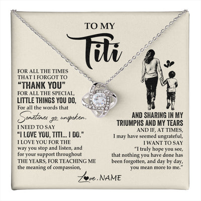 Love Knot Necklace 14K White Gold Finish | 1 | Personalized To My Titi Necklace From Nephew For All The Times That I Forgot To Thank You Titi Birthday Mothers Day Christmas Customized Gift Box Message Card | teecentury