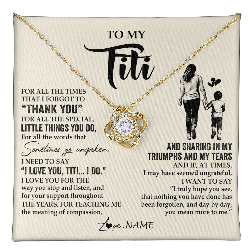 Love Knot Necklace 18K Yellow Gold Finish | 1 | Personalized To My Titi Necklace From Nephew For All The Times That I Forgot To Thank You Titi Birthday Mothers Day Christmas Customized Gift Box Message Card | teecentury