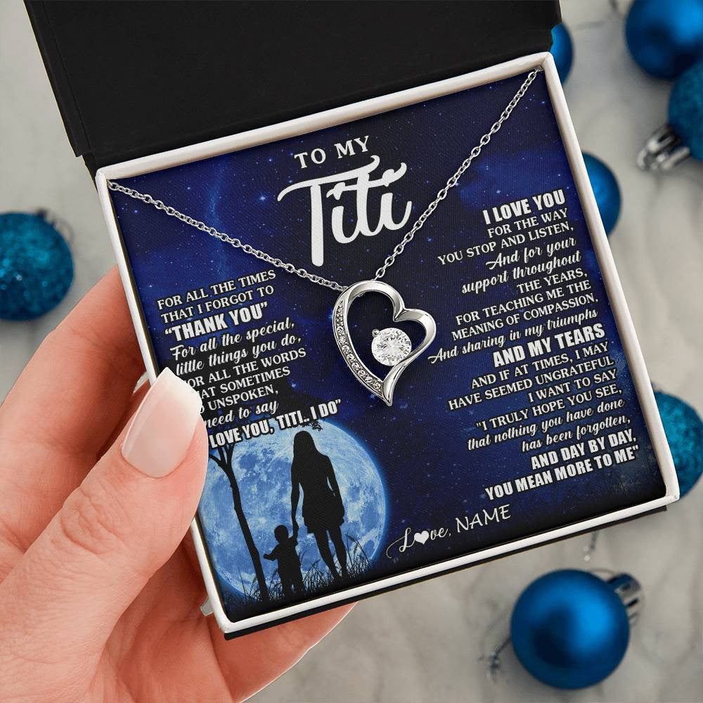 Forever Love Necklace 14K White Gold Finish | 2 | Personalized To My Titi Necklace From Nephew Niece Thank You Grateful Love Titi Birthday Gifts Mothers Day Jewelry Christmas Customized Gift Box Message Card | teecentury
