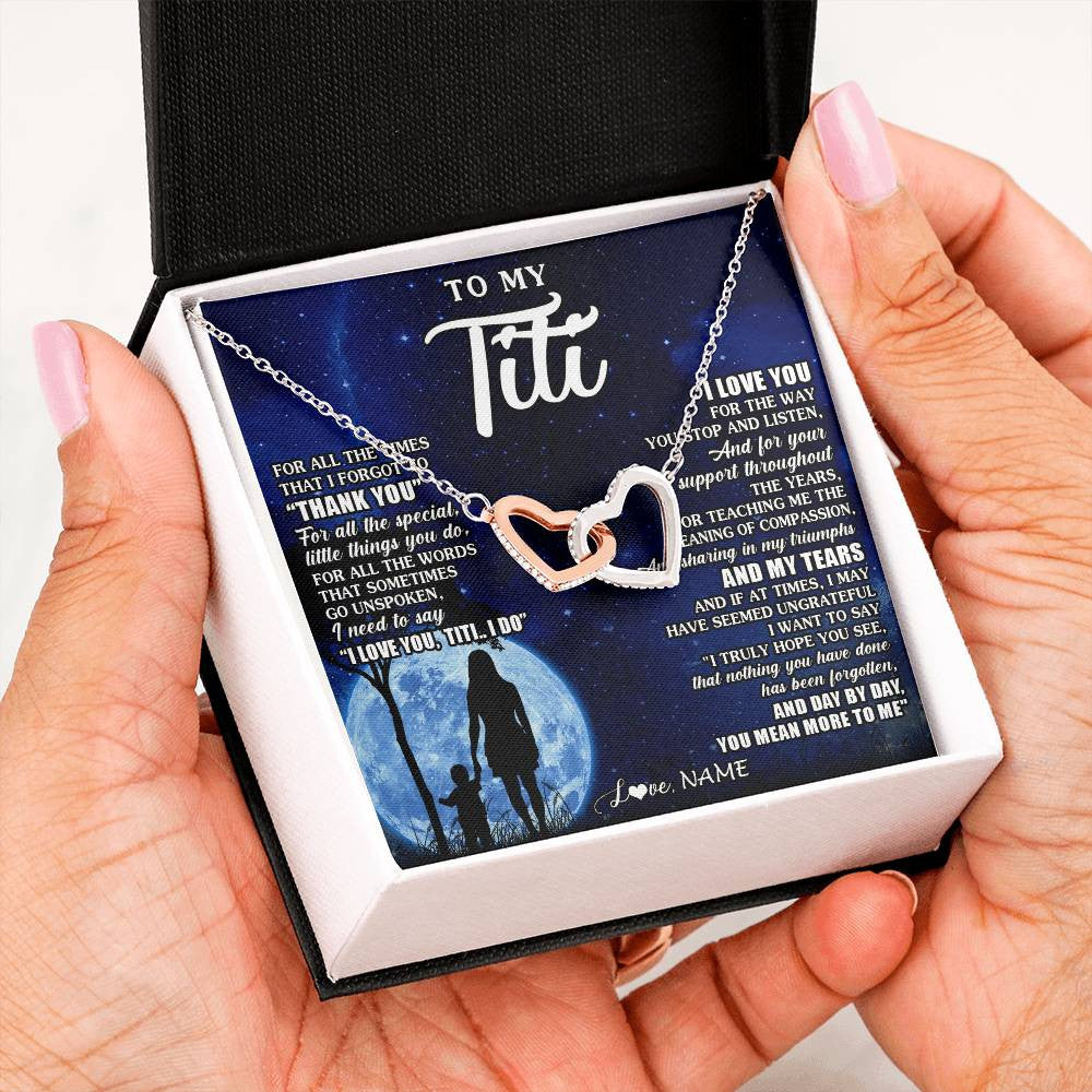Interlocking Hearts Necklace Stainless Steel & Rose Gold Finish | 2 | Personalized To My Titi Necklace From Nephew Niece Thank You Grateful Love Titi Birthday Gifts Mothers Day Jewelry Christmas Customized Gift Box Message Card | teecentury