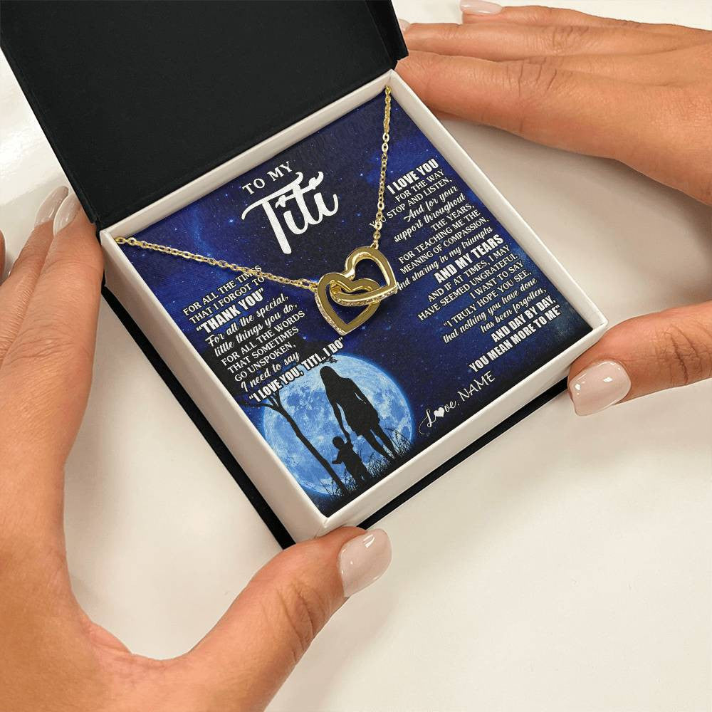 Interlocking Hearts Necklace 18K Yellow Gold Finish | 2 | Personalized To My Titi Necklace From Nephew Niece Thank You Grateful Love Titi Birthday Gifts Mothers Day Jewelry Christmas Customized Gift Box Message Card | teecentury