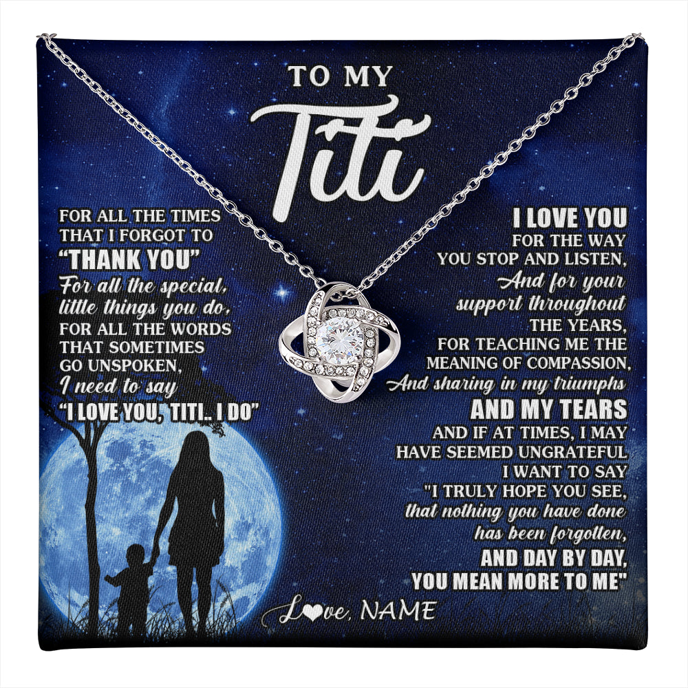 Love Knot Necklace 14K White Gold Finish | 1 | Personalized To My Titi Necklace From Nephew Niece Thank You Grateful Love Titi Birthday Gifts Mothers Day Jewelry Christmas Customized Gift Box Message Card | teecentury