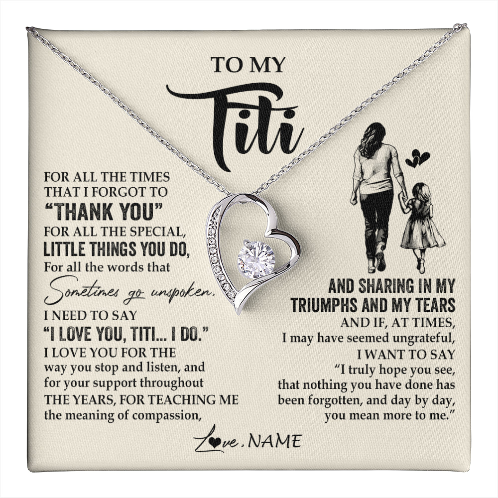 Forever Love Necklace 14K White Gold Finish | 1 | Personalized To My Titi Necklace From Niece For All The Times That I Forgot To Thank You Titi Birthday Mothers Day Christmas Customized Gift Box Message Card | teecentury