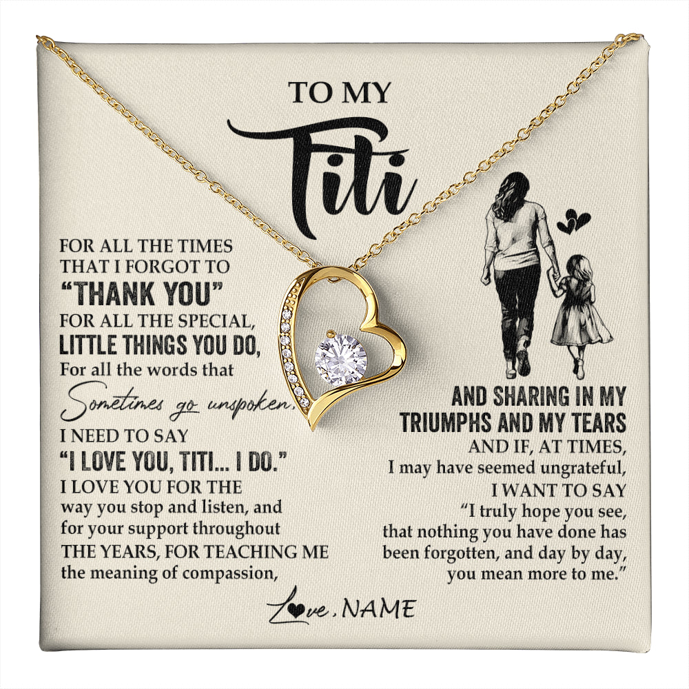 Forever Love Necklace 18K Yellow Gold Finish | 1 | Personalized To My Titi Necklace From Niece For All The Times That I Forgot To Thank You Titi Birthday Mothers Day Christmas Customized Gift Box Message Card | teecentury