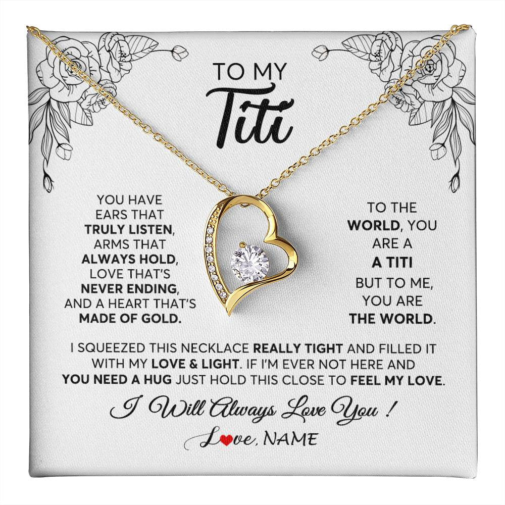 Forever Love Necklace 18K Yellow Gold Finish | 1 | Personalized To My Titi Necklace From Niece Nephew Hold This Close Feel My Love Titi Birthday Mothers Day Christmas Jewelry Customized Gift Box Message Card | teecentury