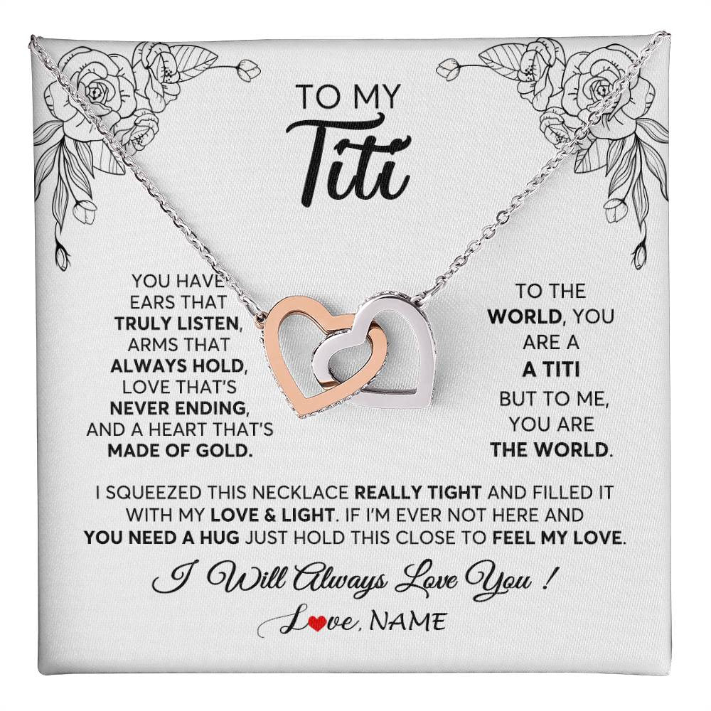 Interlocking Hearts Necklace Stainless Steel & Rose Gold Finish | 1 | Personalized To My Titi Necklace From Niece Nephew Hold This Close Feel My Love Titi Birthday Mothers Day Christmas Jewelry Customized Gift Box Message Card | teecentury