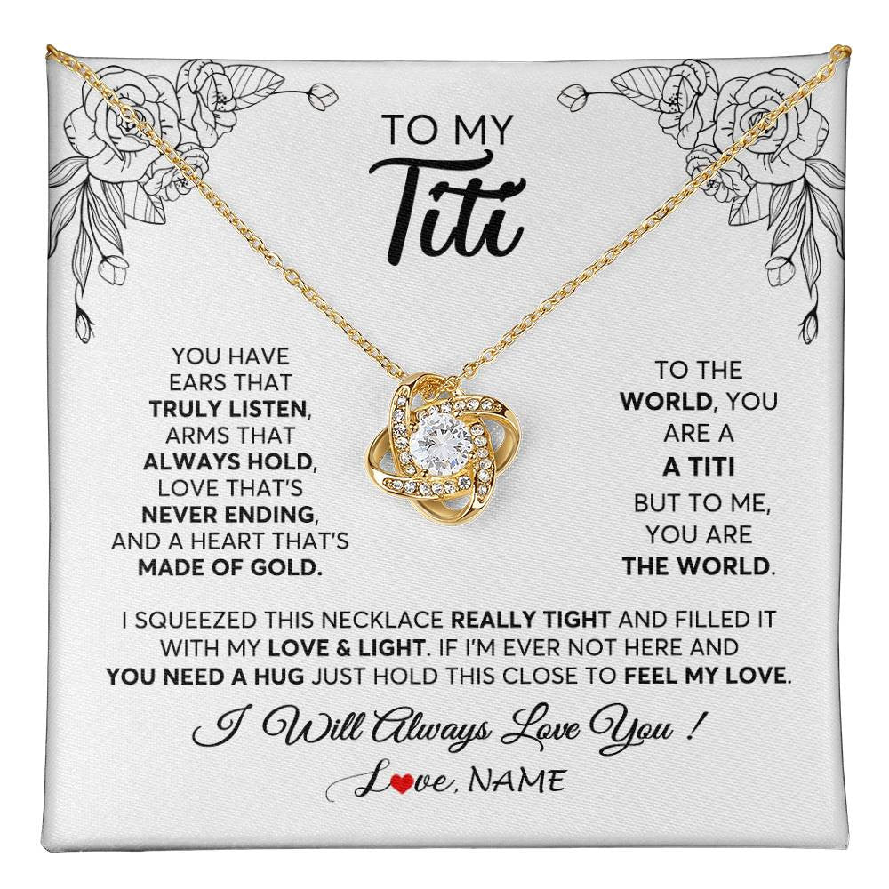 Love Knot Necklace 18K Yellow Gold Finish | 1 | Personalized To My Titi Necklace From Niece Nephew Hold This Close Feel My Love Titi Birthday Mothers Day Christmas Jewelry Customized Gift Box Message Card | teecentury