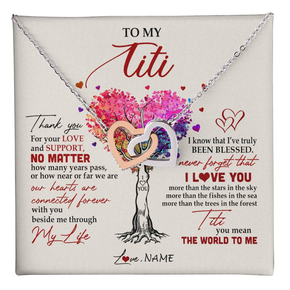 Interlocking Hearts Necklace Stainless Steel & Rose Gold Finish | 1 | Personalized To My Titi Necklace From Niece Nephew Never Forget That I Love You You Mean The World Titi Birthday Mothers Day Christmas Customized Gift Box Message Card | teecentury