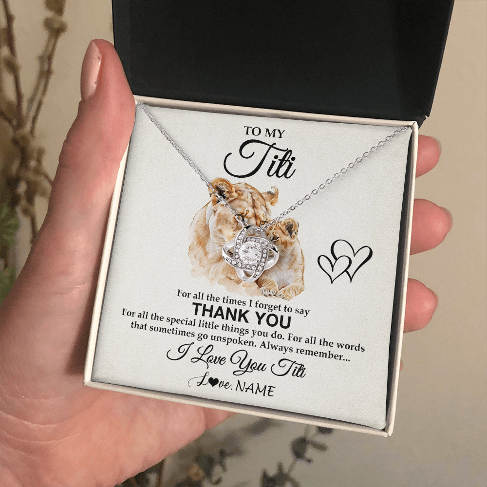 Love Knot Necklace 14K White Gold Finish | 2 | Personalized To My Titi Necklace From Niece Nephew Thank You Lion Titi Gift For Mothers Day Birthday Gift Christmas For Titi Customized Gift Box Message Card | teecentury